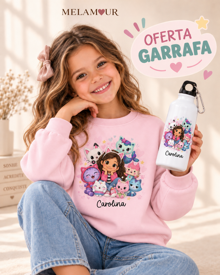 Menina e Gatinhos Mágicos com Nome — camisola de criança e garrafa de oferta