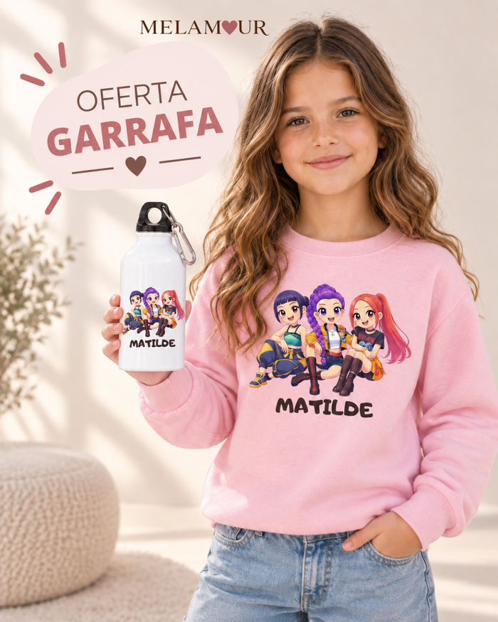 Guerreiras Pop com Nome — camisola de criança e garrafa de oferta