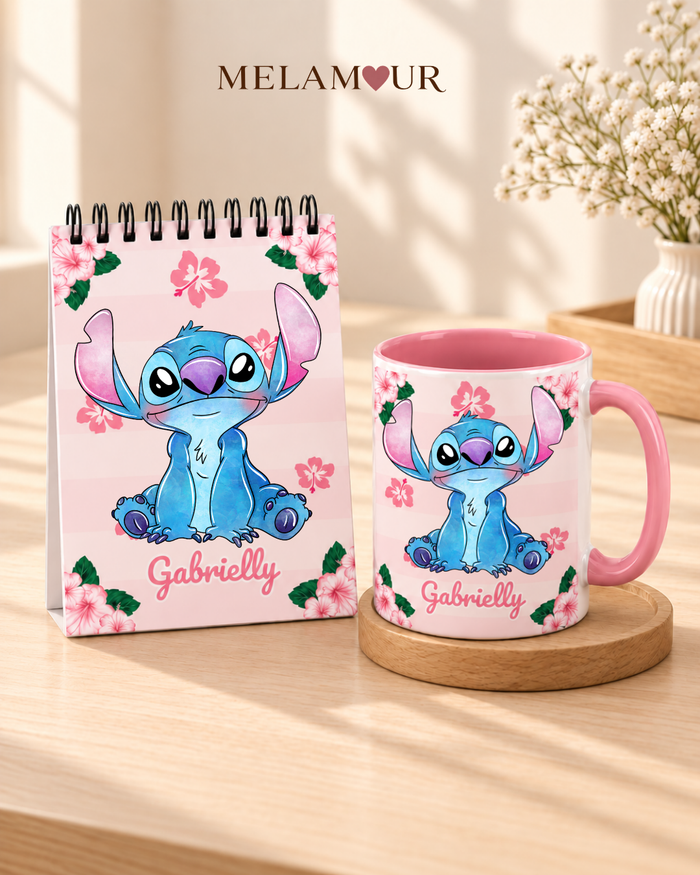 Personagem Azul Floral com Nome — Bloco + Caneca