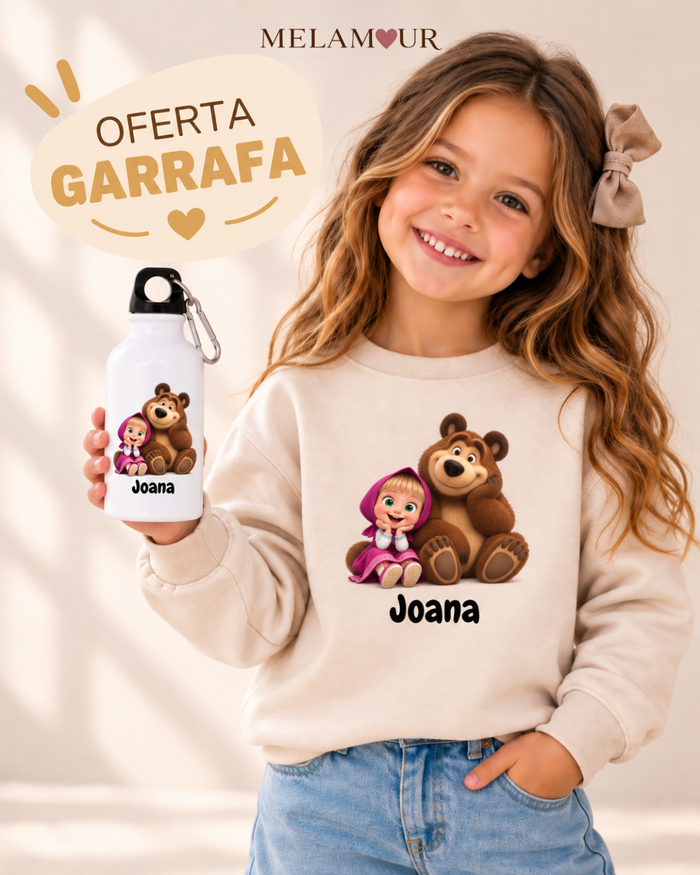 Menina e Urso com Nome — camisola de criança e garrafa de oferta