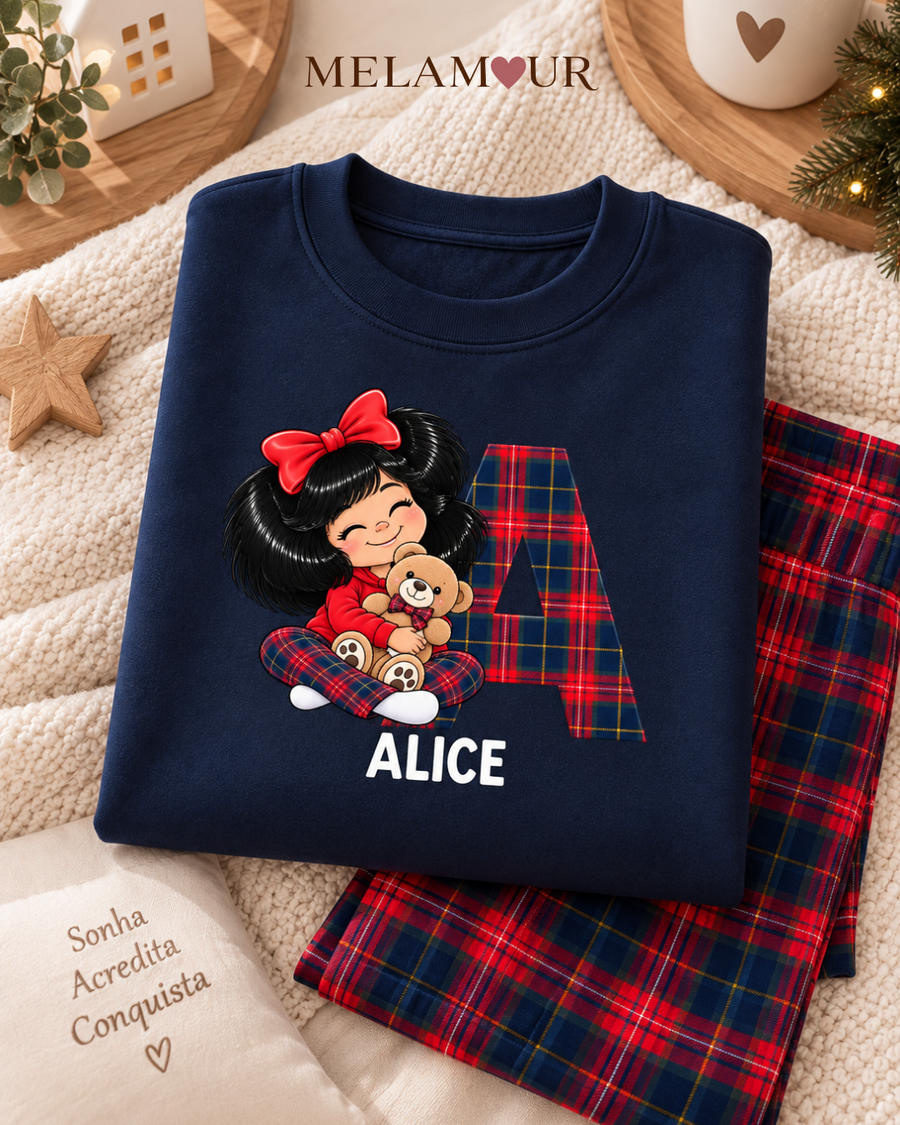 Pijama de Natal · Inicial Xadrez com Menina
