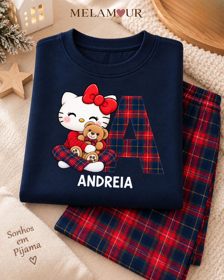 Pijama de Natal · Inicial Xadrez com Gatinha