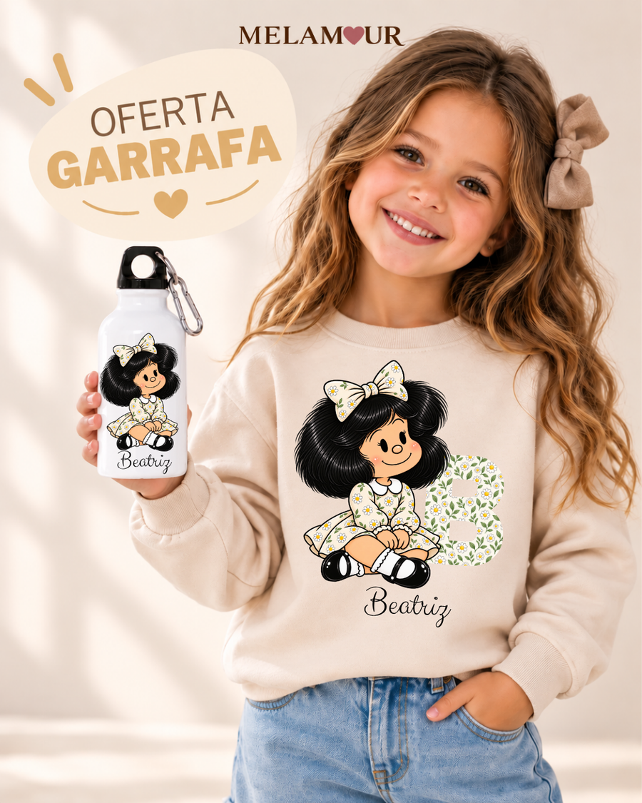 Menina com Margaridas e Inicial | Coleção Especial c/ Oferta Garrafa