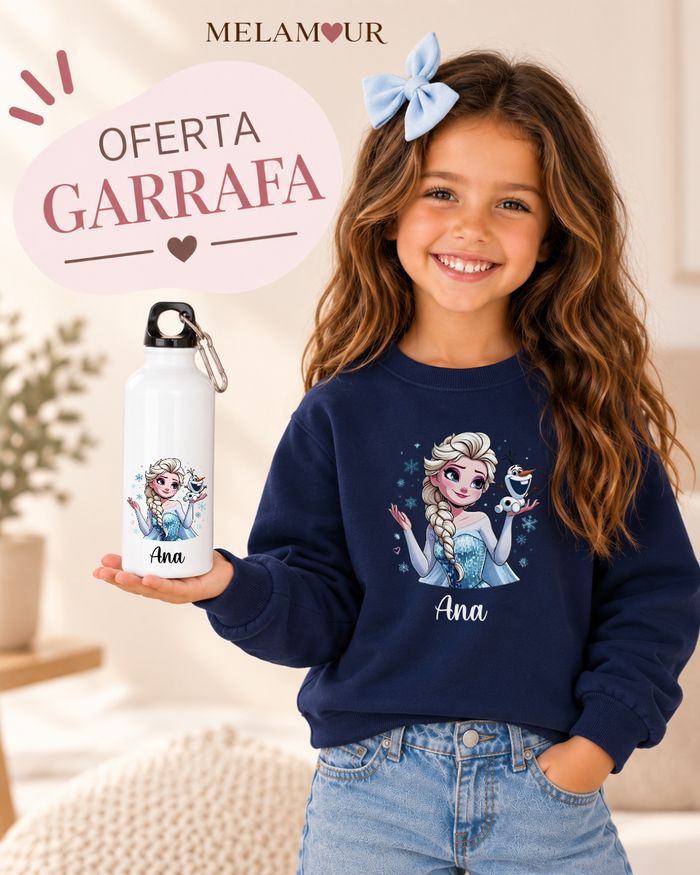 Princesa do Gelo com Nome — camisola de criança e garrafa de oferta
