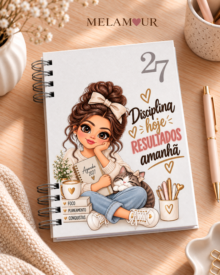 Agenda 2027 Essencial Disciplina Hoje, Resultados Amanhã — capa branca personalizada MELAMOUR