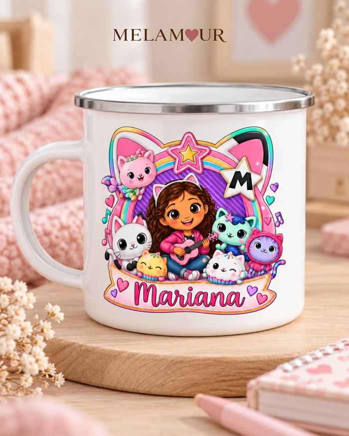 Inicial na Estrela com Menina e Gatinhos | Caneca Esmaltada