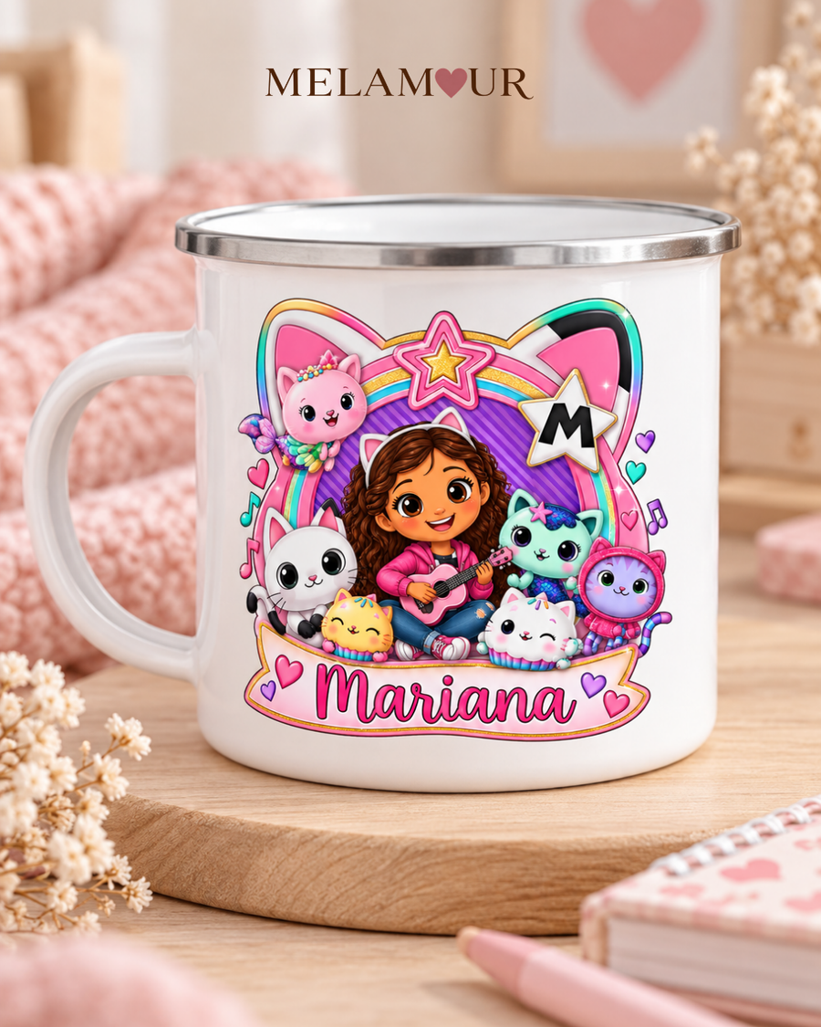 Inicial na Estrela com Menina e Gatinhos | Caneca Esmaltada