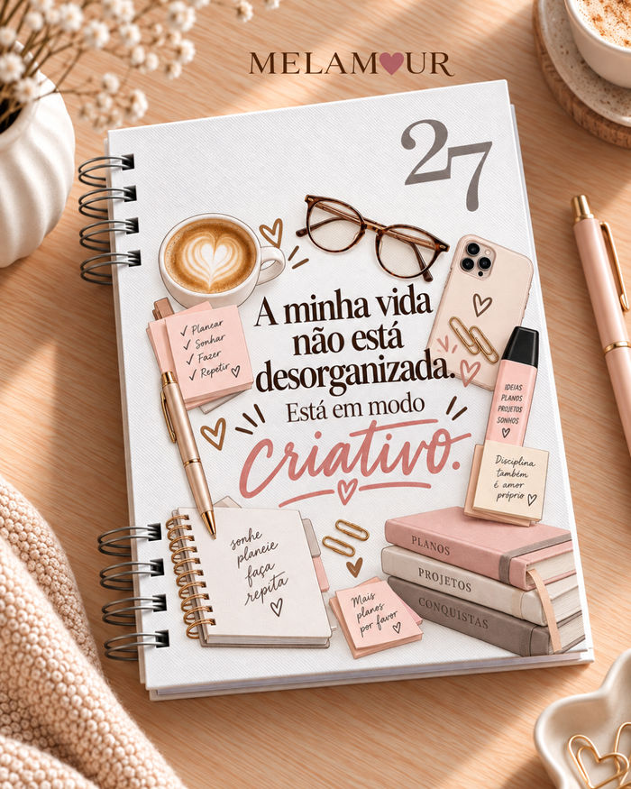 Agenda 2027 Essencial Modo Criativo — capa branca personalizada MELAMOUR