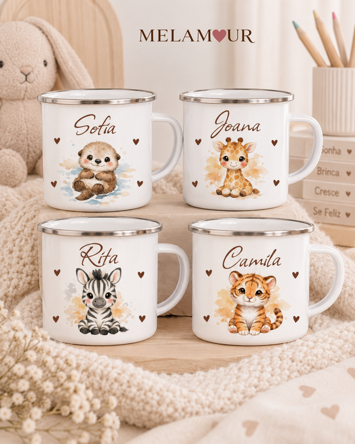 Animais Selvagens com Nome | Caneca Esmaltada — lontra, girafa, zebra e tigre