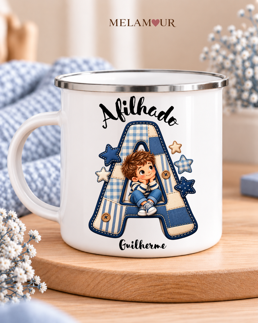 Afilhado em Patchwork com Nome | Caneca Esmaltada