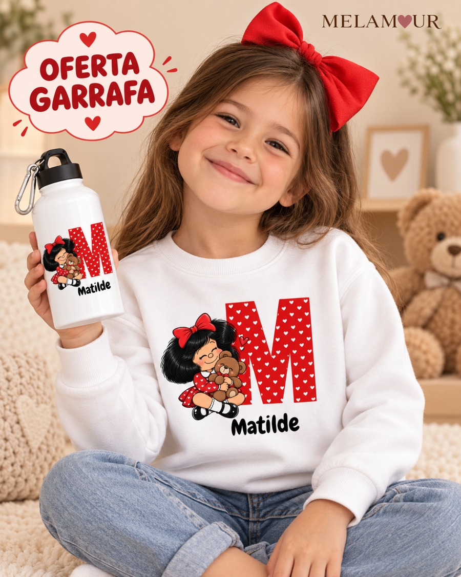 Menina de Laço com Ursinho e Inicial | Coleção Especial c/ Oferta Garrafa