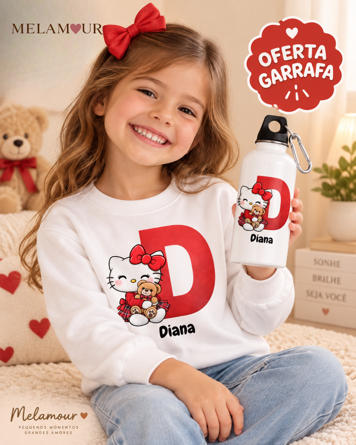 Gatinha com Laço e Inicial — camisola de criança e garrafa de oferta