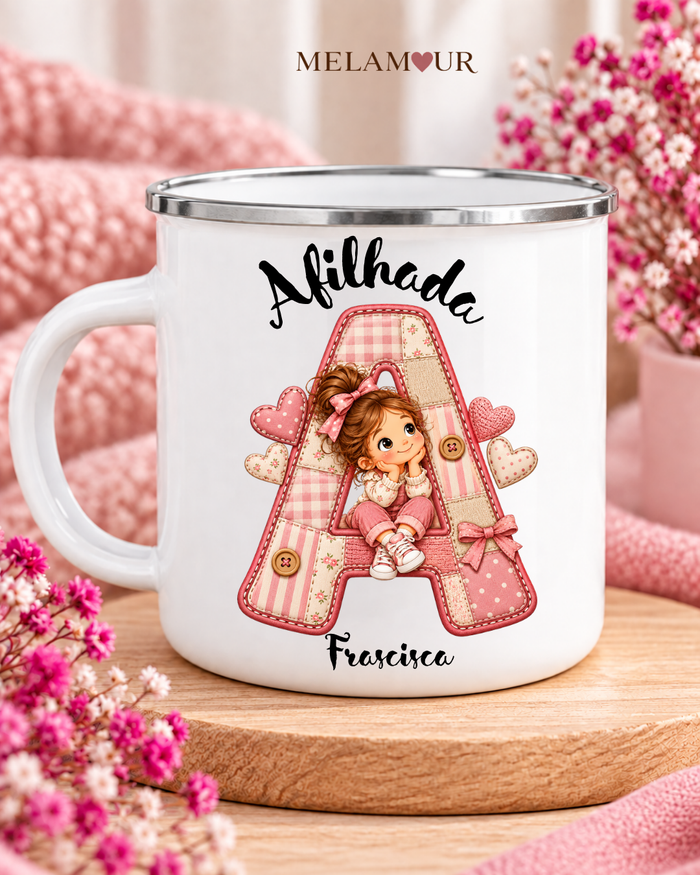 Afilhada em Patchwork com Nome | Caneca Esmaltada