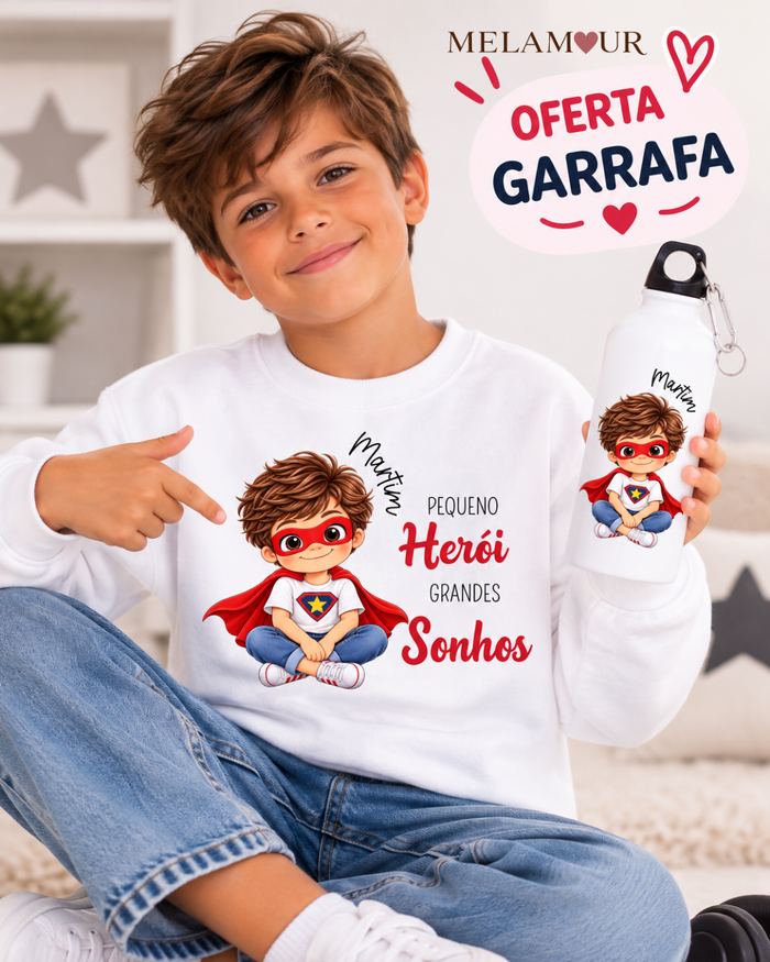 Pequeno Herói Grandes Sonhos — camisola de criança e garrafa de oferta