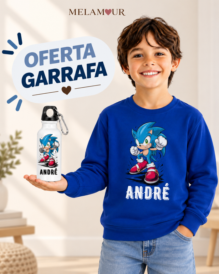 Ouriço Azul com Nome — camisola de criança e garrafa de oferta