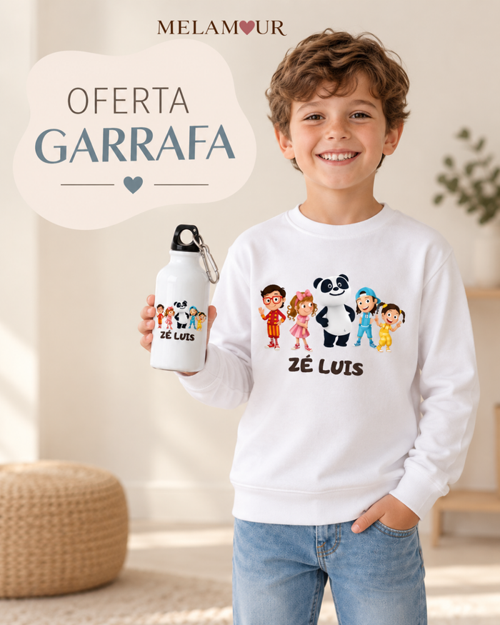 Panda e Amigos com Nome — camisola de criança e garrafa de oferta