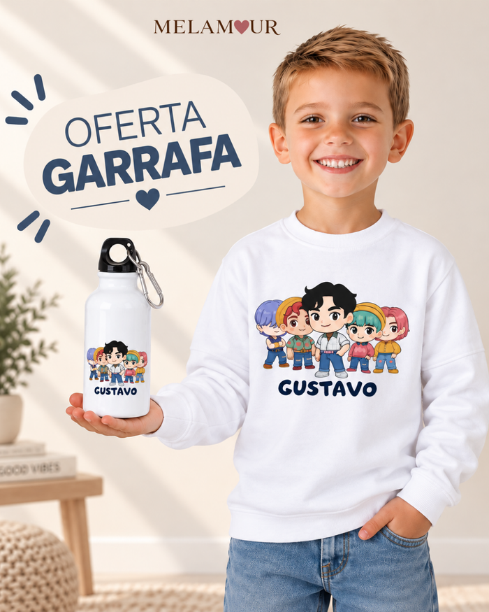 Guerreiros Pop com Nome — camisola de criança e garrafa de oferta