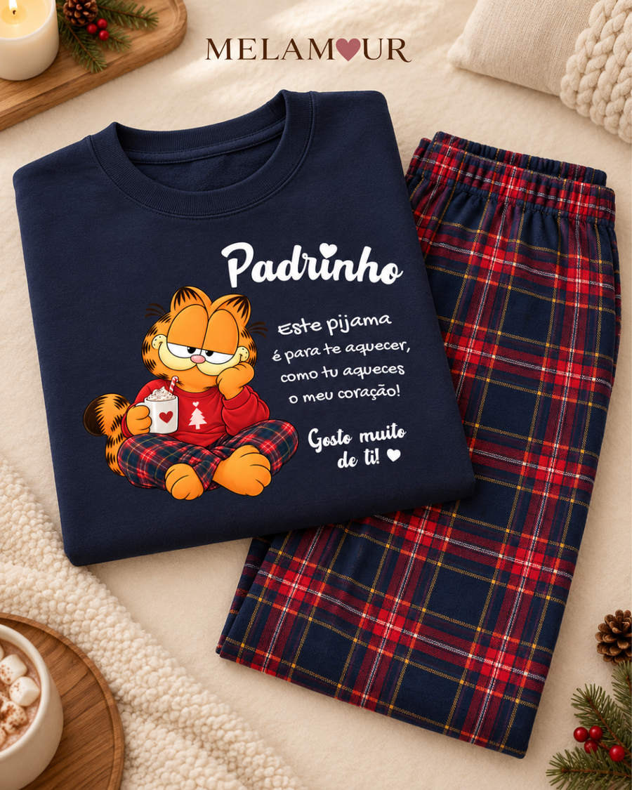 Pijama de Natal Padrinho · Gato com Caneca