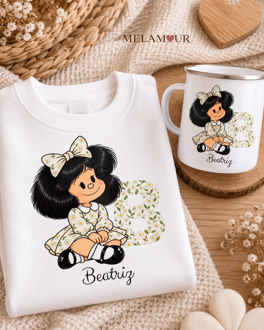 Menina com Margaridas e Inicial | Conjunto Sweat e Caneca