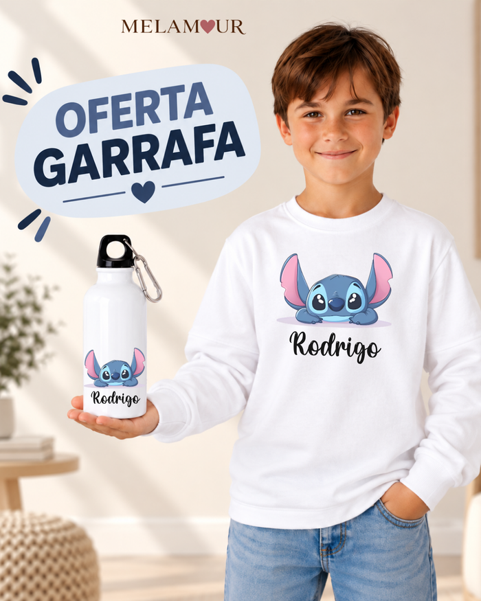 Alien Azul com Nome — camisola de criança e garrafa de oferta