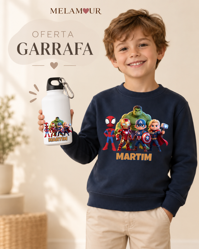Super-Heróis Mini com Nome — camisola de criança e garrafa de oferta