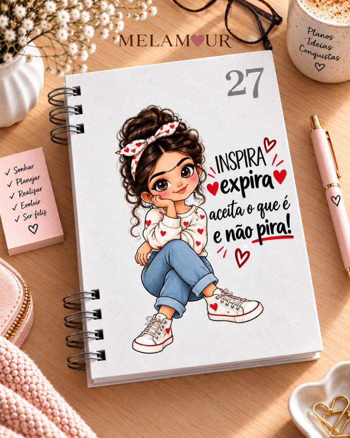 Agenda 2027 Essencial Inspira, Expira e Não Pira — capa branca personalizada MELAMOUR