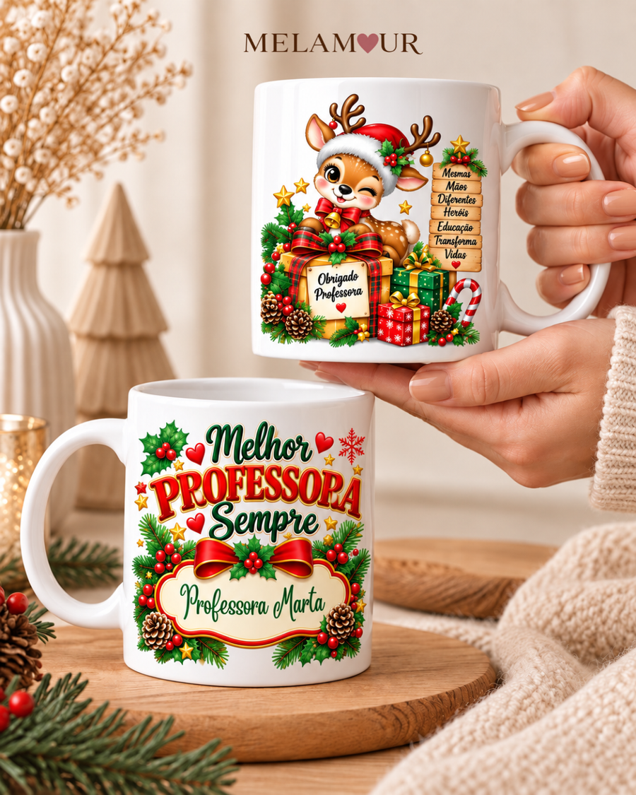Obrigada Professora · Rena de Natal | Caneca Professora