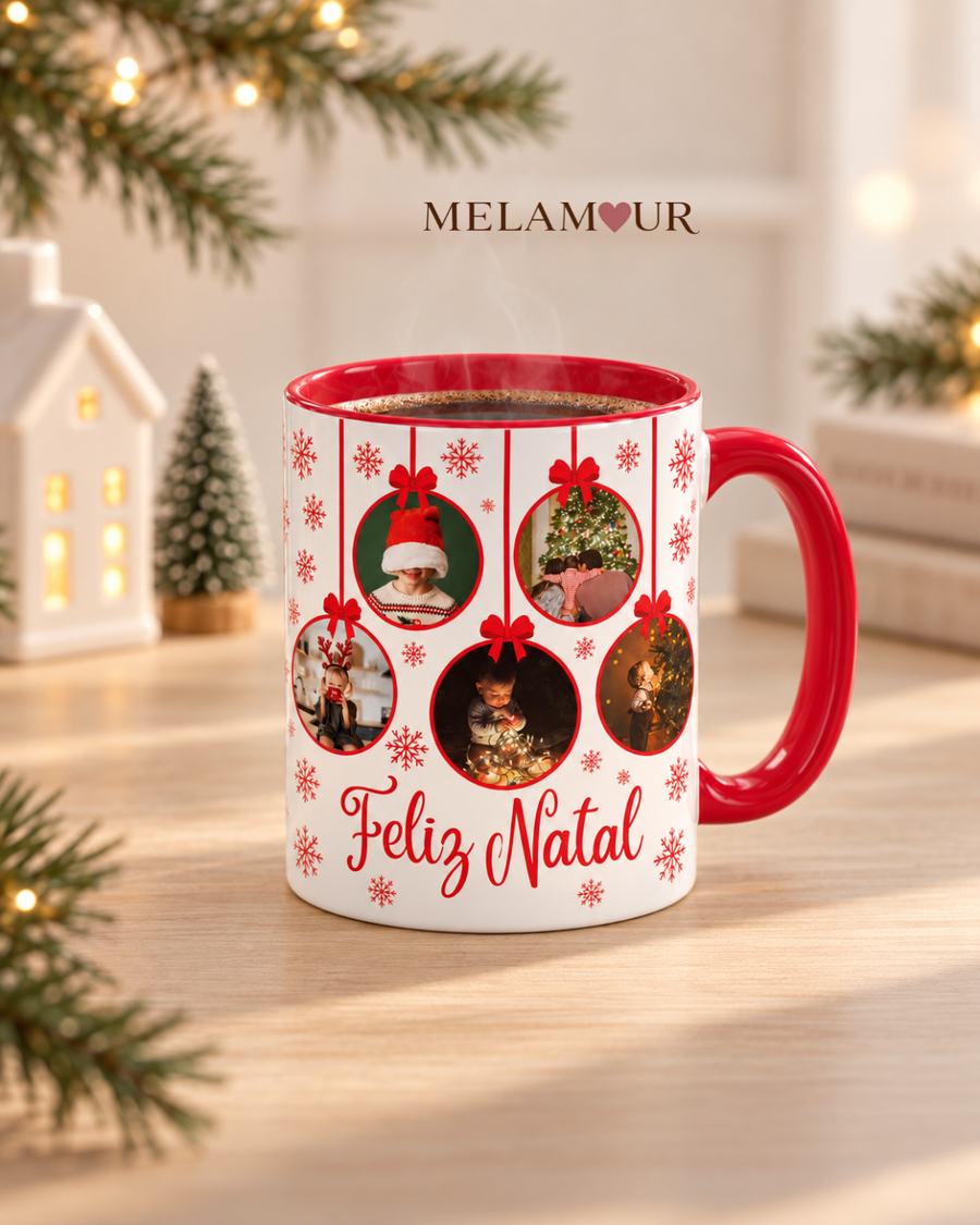 Feliz Natal · Bolas com Fotografias | Caneca de Natal