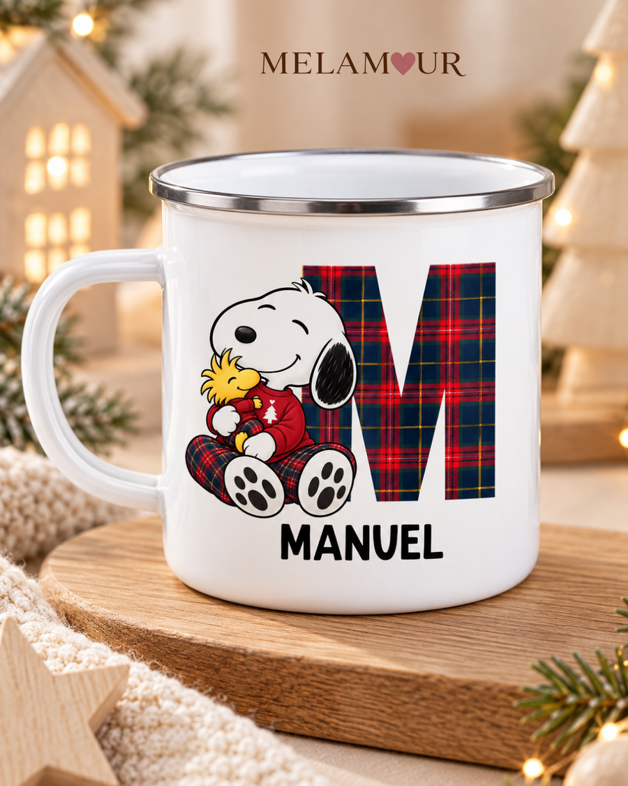 Inicial com Cãozinho | Caneca Esmaltada de Natal