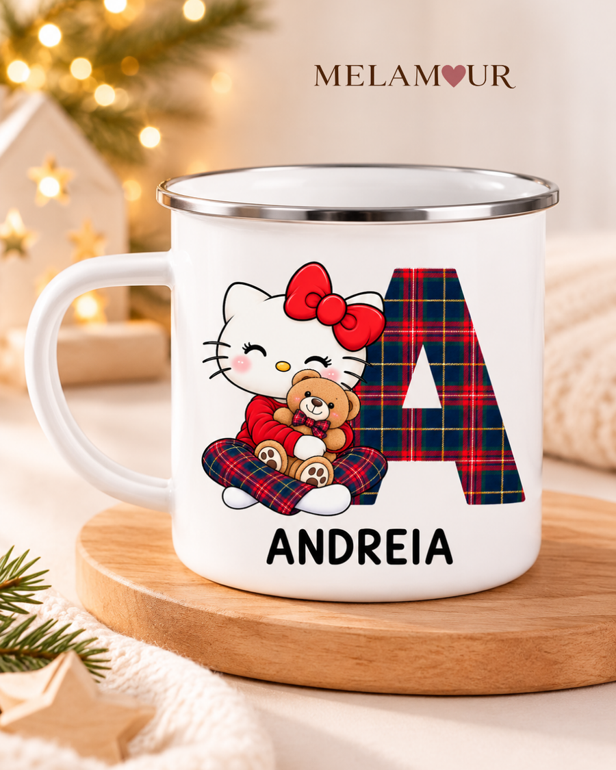Inicial com Gatinha | Caneca Esmaltada de Natal