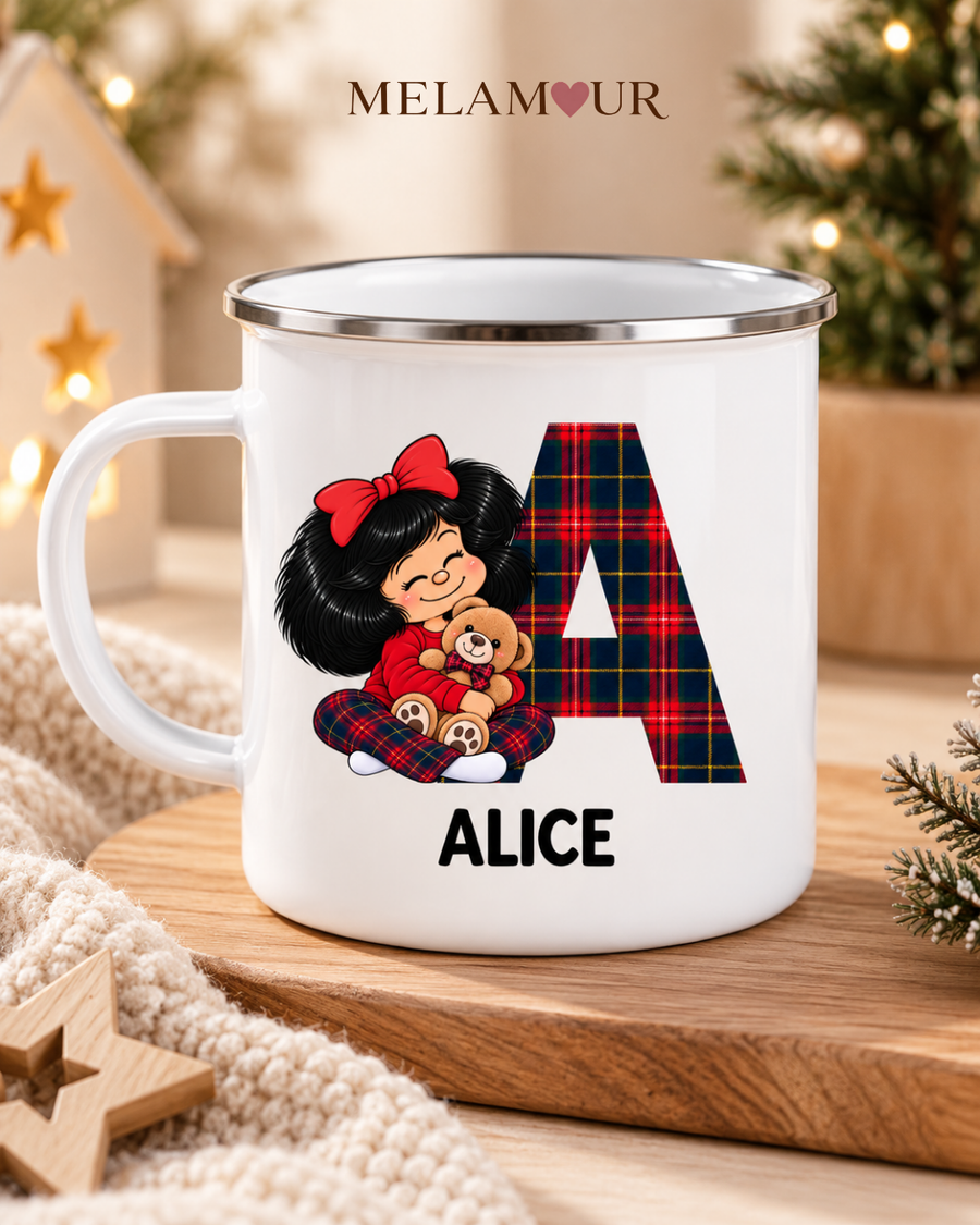 Inicial com Menina | Caneca Esmaltada de Natal