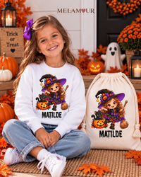 Bruxinha com Vassoura e Gato | Halloween