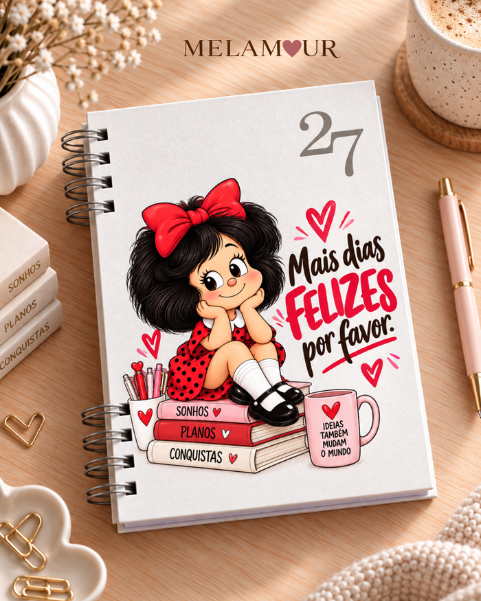 Agenda 2027 Essencial Mais Dias Felizes — capa branca personalizada MELAMOUR