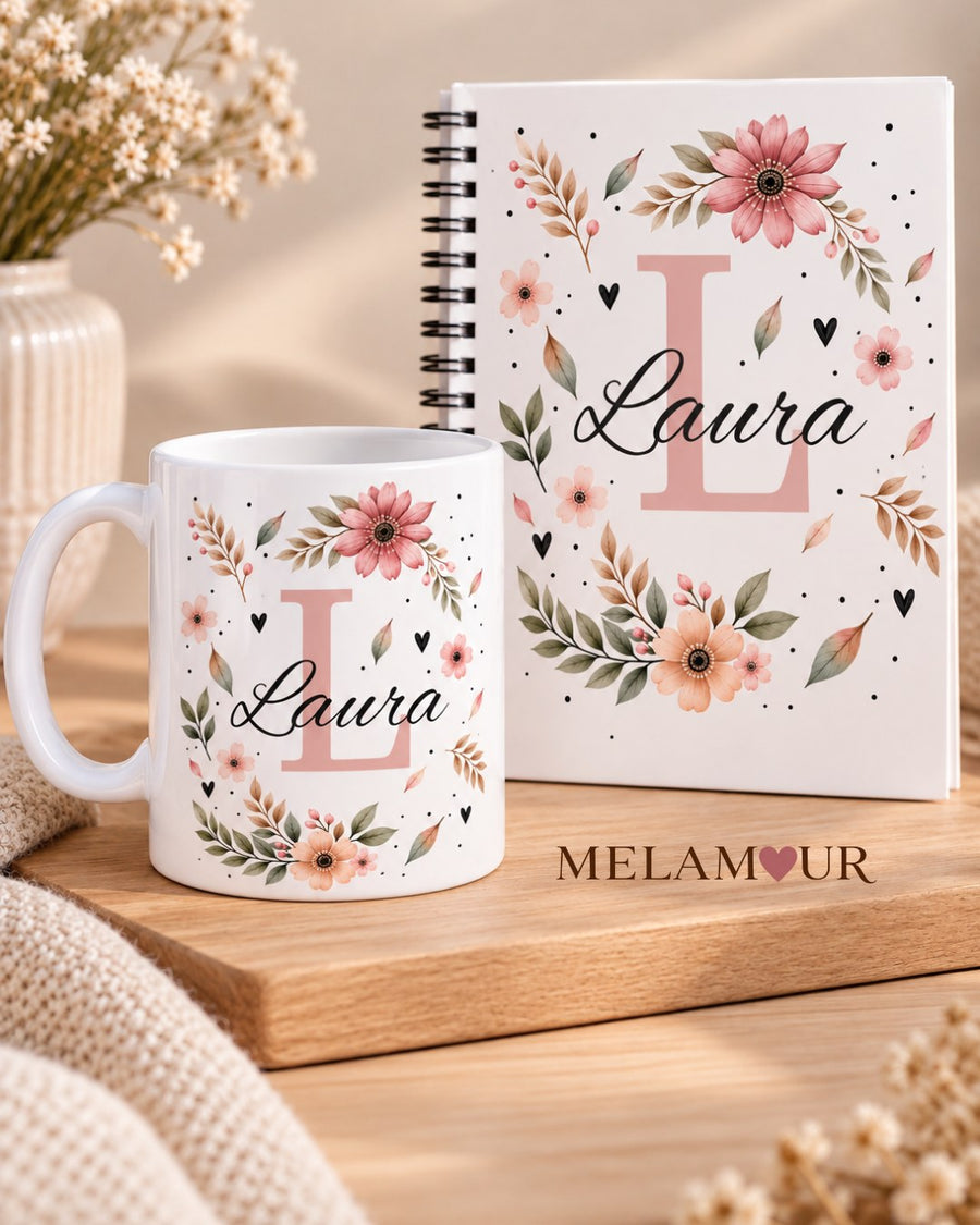 Inicial Floral — Caderno + Caneca