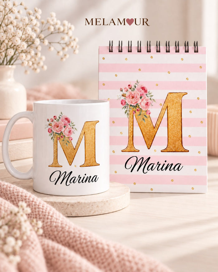 Inicial Floral Rosa — Bloco + Caneca