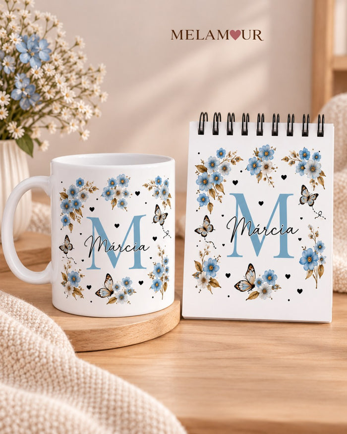 Inicial Floral Azul — Bloco + Caneca