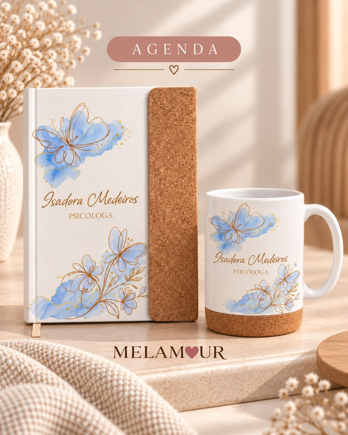Psicóloga — Agenda Cortiça + Caneca com Base de Cortiça