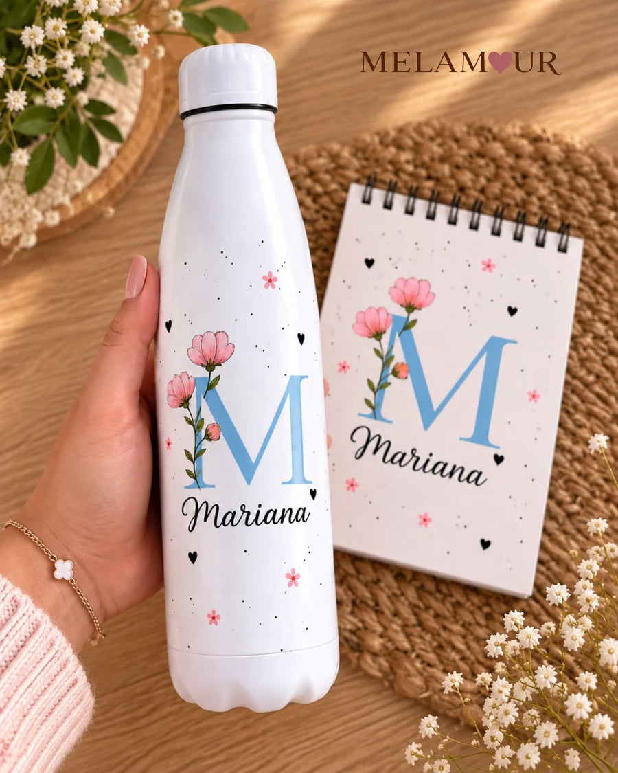 Inicial Floral — Bloco + Garrafa Térmica