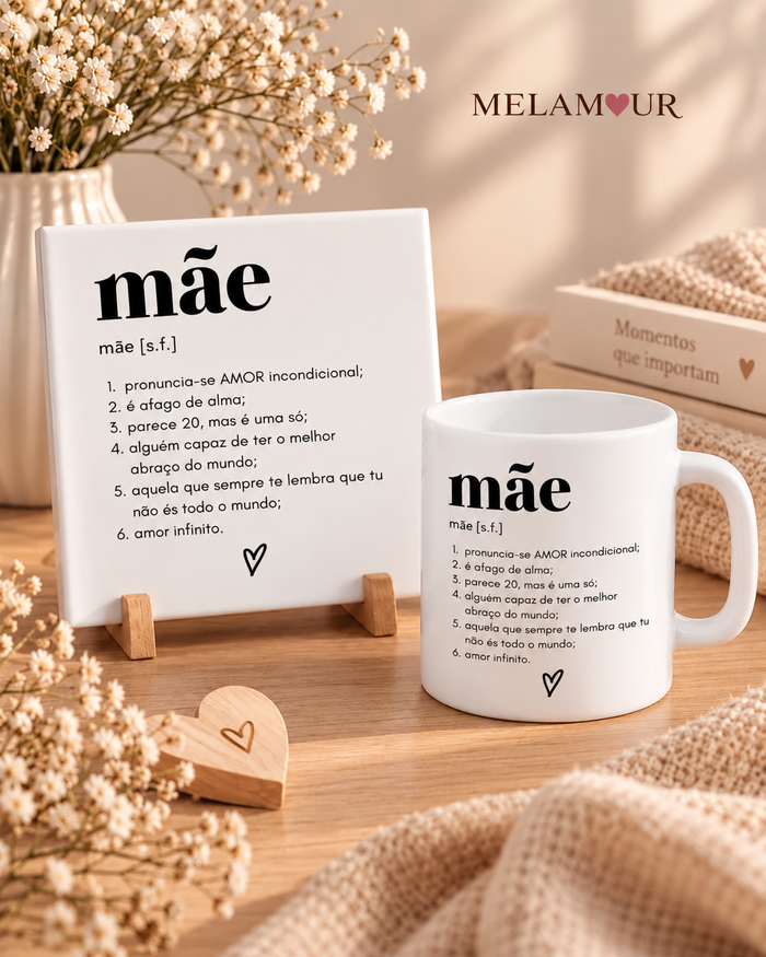 Definição de Mãe — azulejo + caneca branca