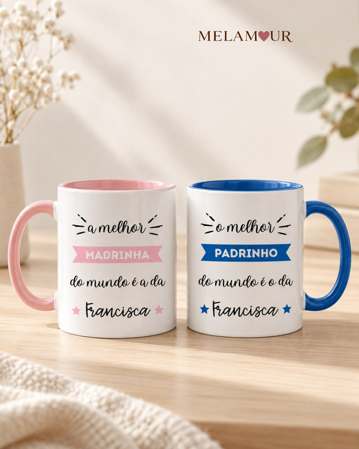 Canecas personalizadas Madrinha (rosa) e Padrinho (azul)