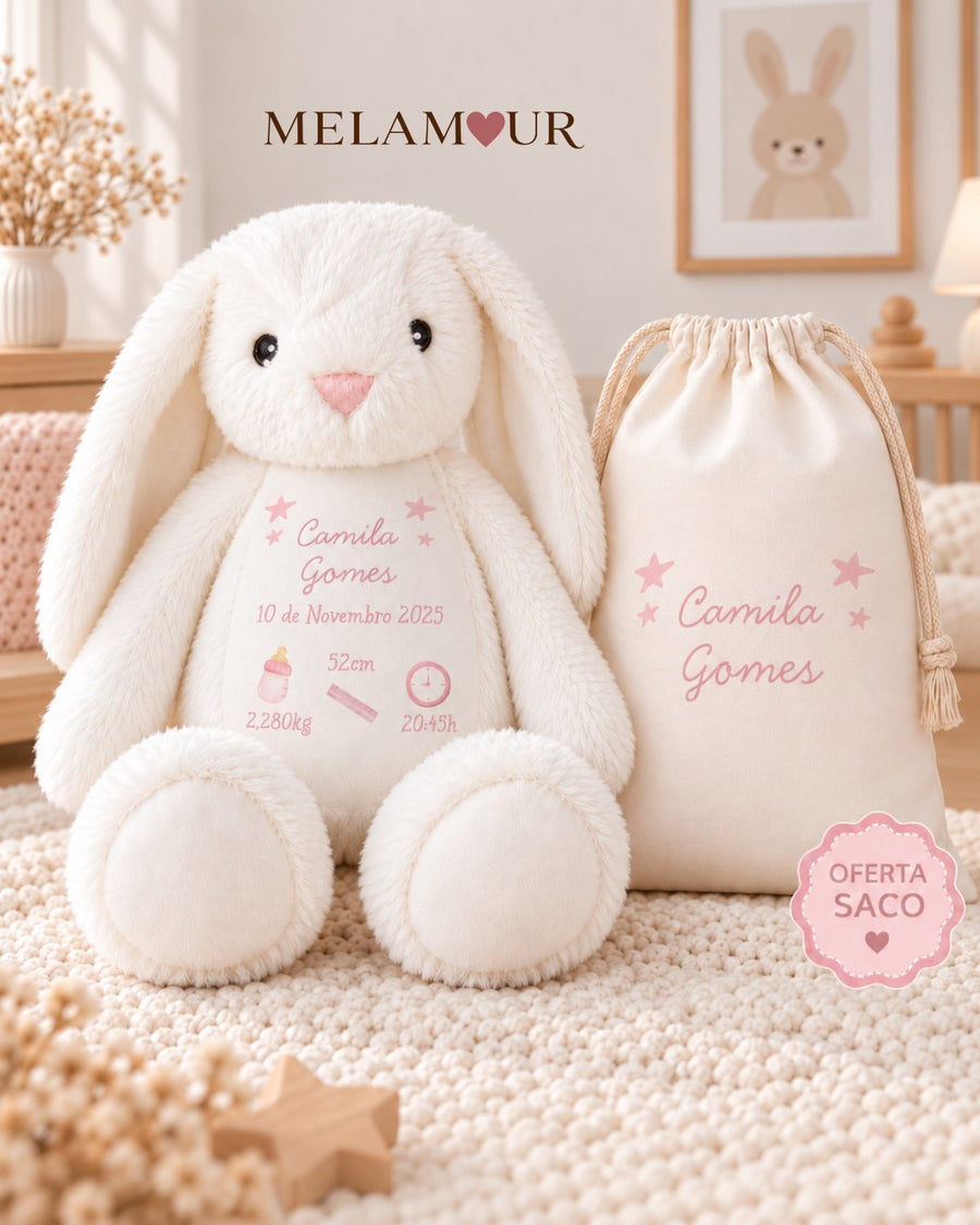 Coelho com Dados de Nascimento para Menina + Saco | Presentes Baby
