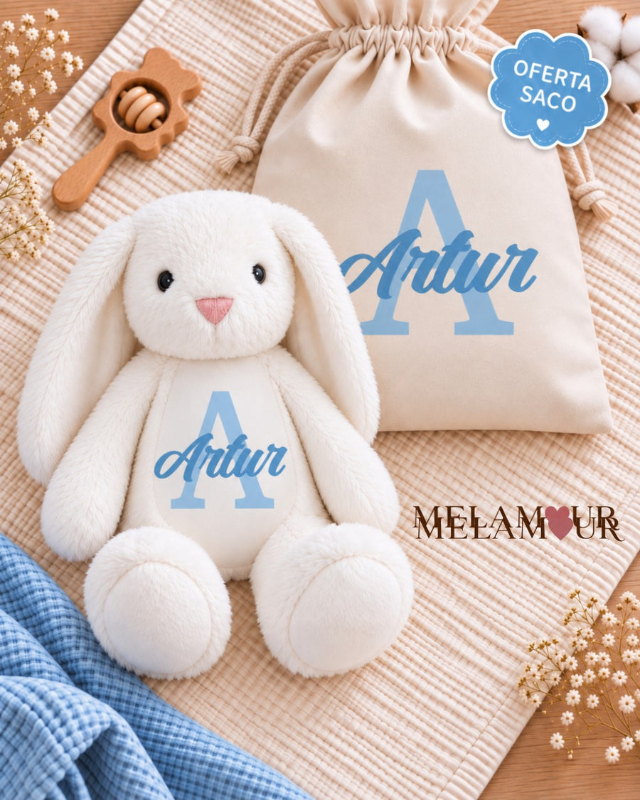 Coelho com Nome Azul + Saco Personalizado | Presentes Baby