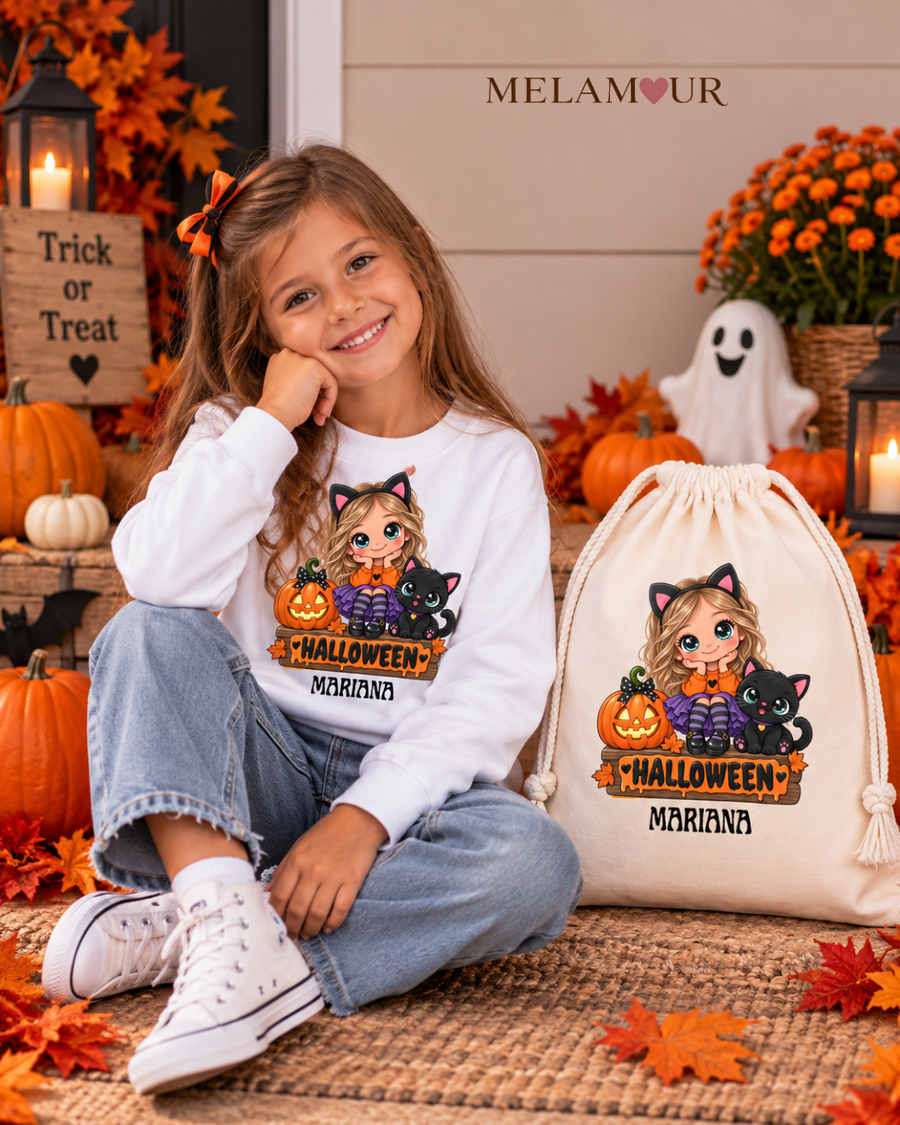 Menina e Gato Preto Halloween | Halloween