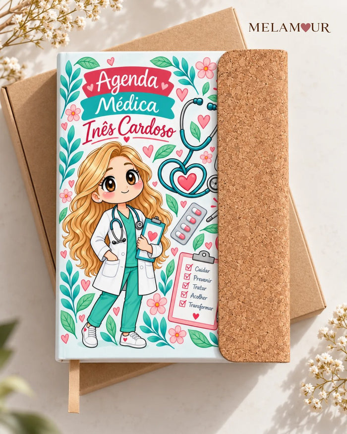 Agenda de Médica Personalizada 2027, capa branca com aba em cortiça