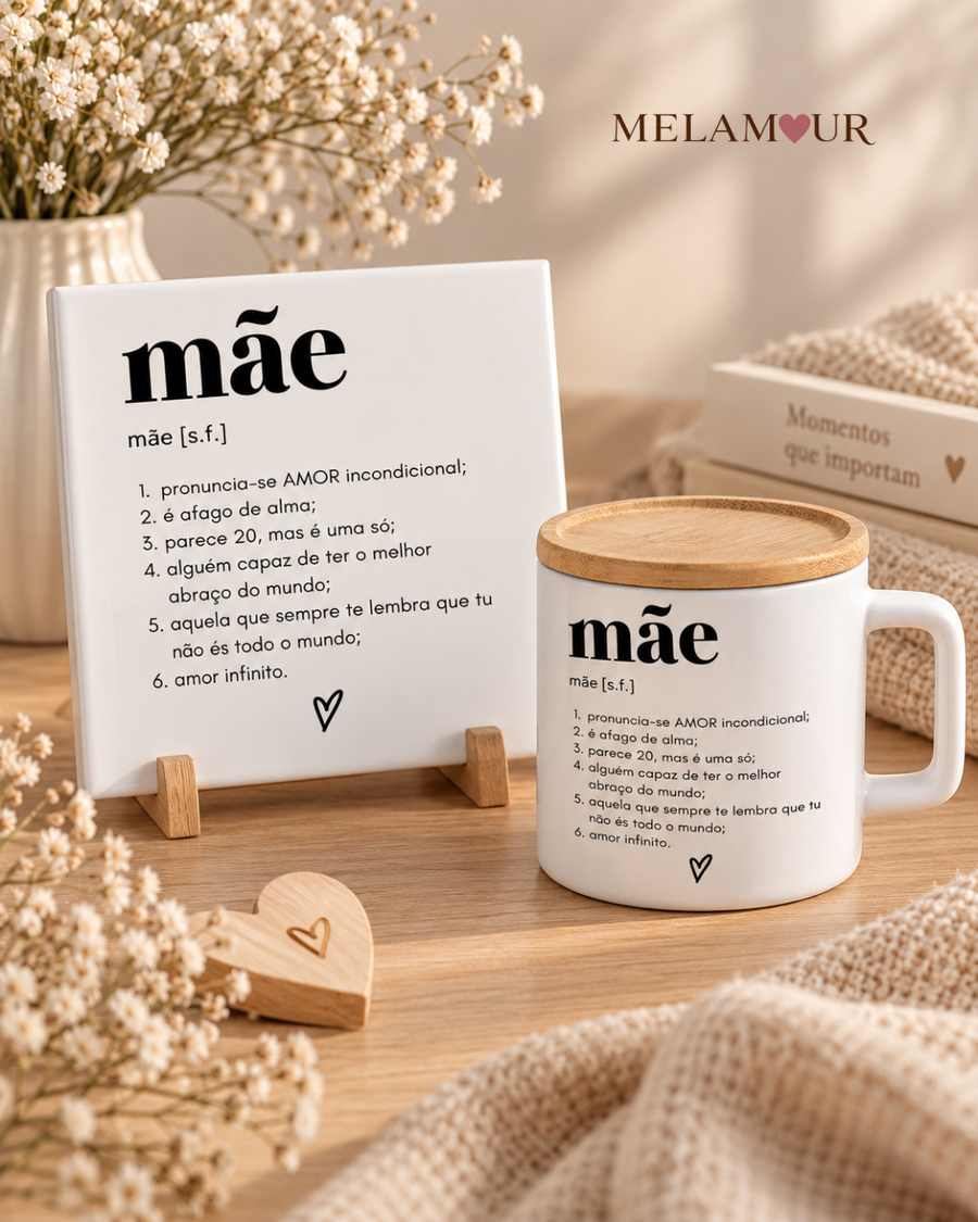 Azulejo Personalizado + Caneca com Tampa em Madeira