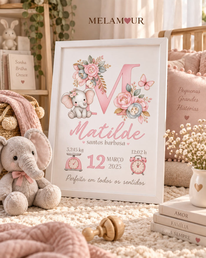Inicial Floral com Elefante | Quadro Personalizado