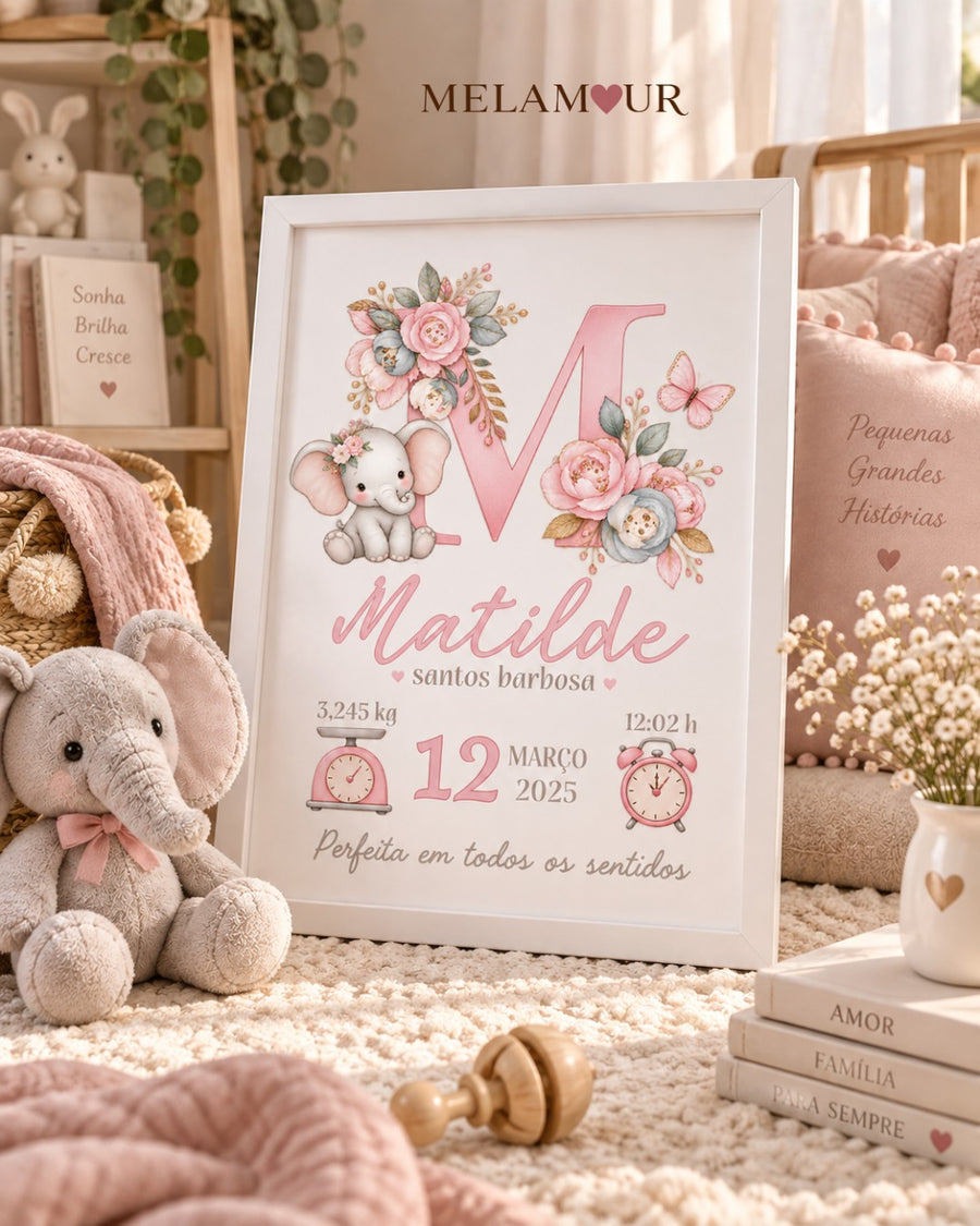 Inicial Floral com Elefante | Quadro Personalizado