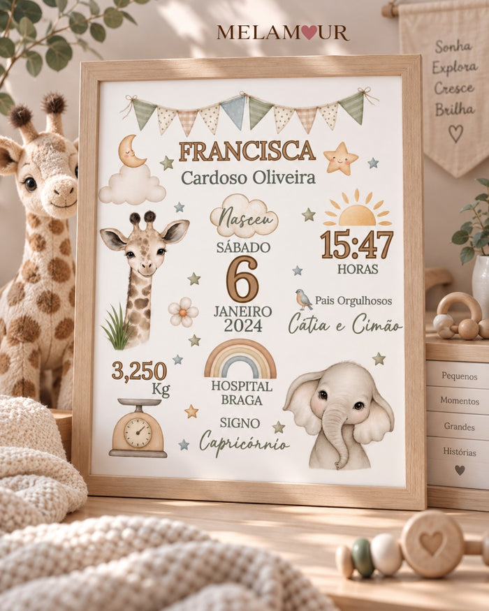 Animais Safari — Dados de Nascimento | Quadro Personalizado
