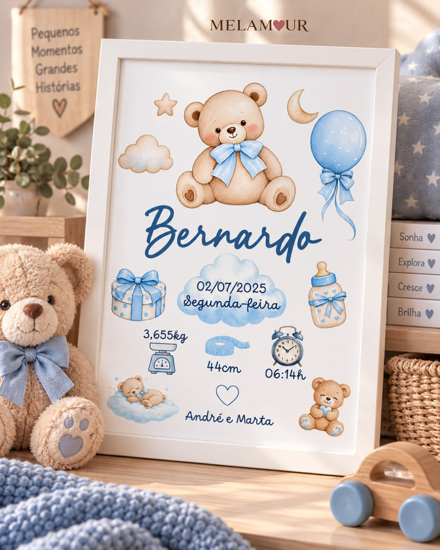 Ursinho Azul — Dados de Nascimento | Quadro Personalizado