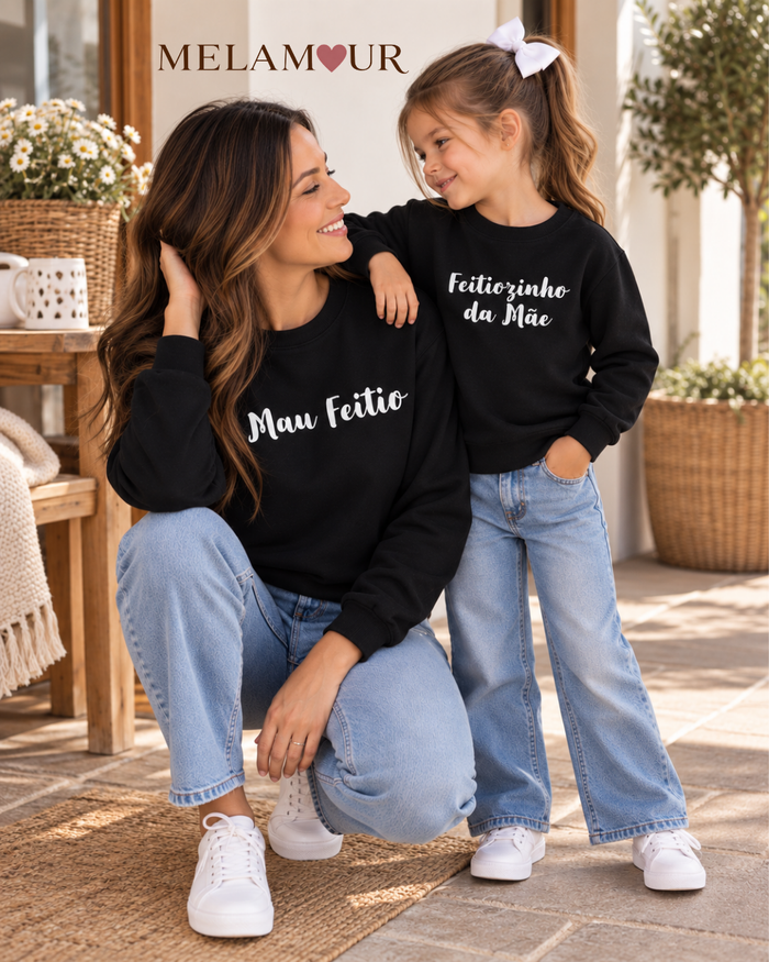 Foto do conjunto Mau Feitio e Feitiozinho da Mãe, com mãe e filha, da MELAMOUR.
